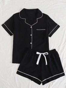 Lapel Contrast Binding Tie Front PJ Set / Pajama Set, Vacation