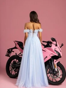 3D 花卉露肩薄纱优雅晚礼服 - 淺藍色 - 查看 2