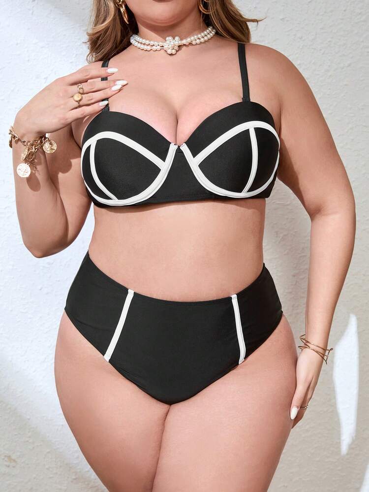 Plus Size Colorblock Edge Trim Bikini Set And Mesh Beach Skirt Bikini Summer Beach