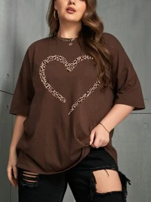 SHEIN Unity 大尺碼女款心型豹紋印花圓領 T 卹 - 巧克力棕 - 查看 5