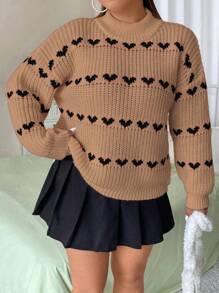 SHEIN MOOSTA 大尺碼心型設計立領落肩毛衣 - 杏色 - 查看 1