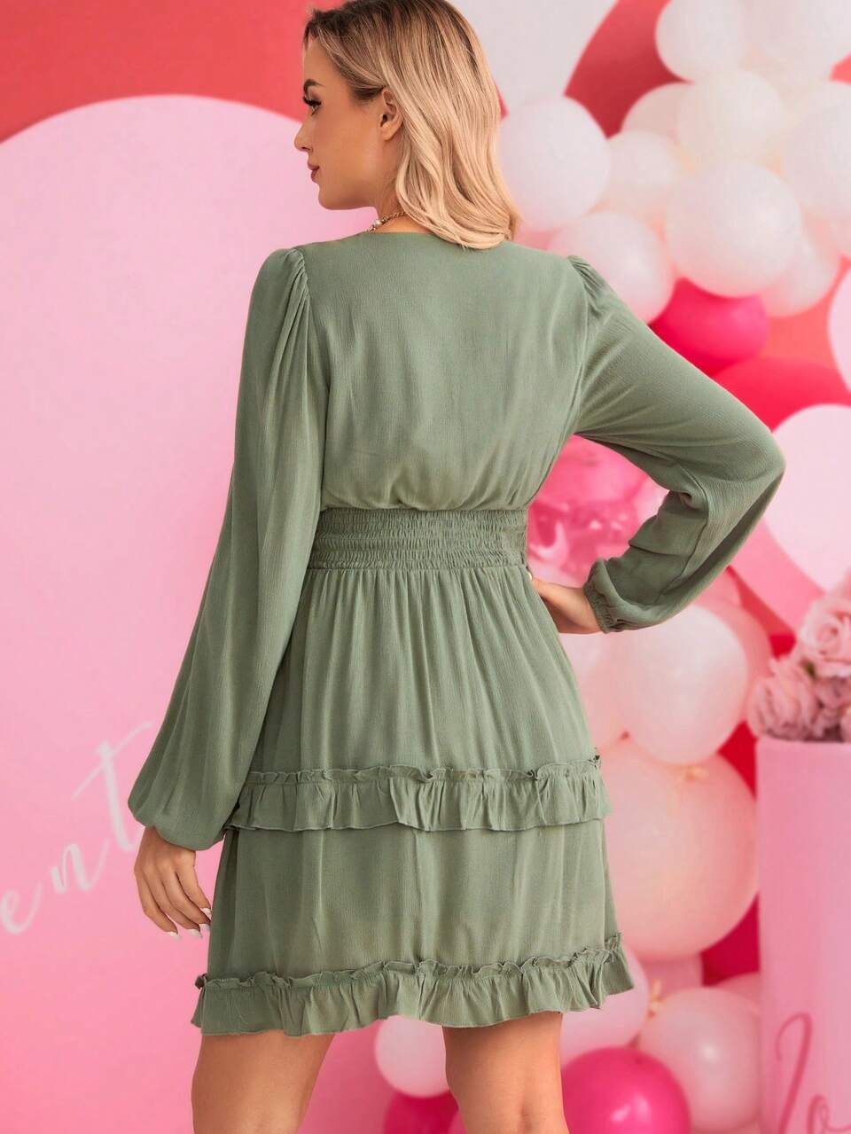 Maternity V-Neck Lantern Sleeve Dress With Ruffled Hem