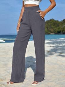 EURMUSE High Waist Slant Pocket Straight Leg Pants - Dark Grey - View 3