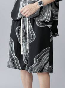 ROMWE MEN Street Life Men'S Fashionable Wave Pattern Short Sleeve Shirt And Shorts Two-Piece Set, Suitable For Daily Wearing In Spring And Summer