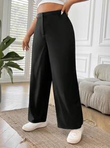 SHEIN EZwear 秋冬女士大码纯色直筒西装裤毕业、返校、教师装 - 黑色 - 查看 4