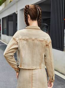 SHEIN Thiếu niên Cô gái Lỏng lẻo Phù hợp Tay áo dài Vòng cổ Áo khoác denim - Màu Khaki - Xem 2