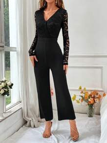 SHEIN Privé Lace Patchwork Long Jumpsuit For Women Valentine's Day Date - Black - View 1