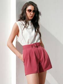 Anewsta Solid Color Belted Shorts - Red - View 4