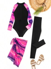 Swim Mulvari Summer Beach Women's Raglan Sleeve Zipper Half Open Shoulder Bodysuit Swimwear With Matching Shorts And Bra Top Set - Multicolor - View 4