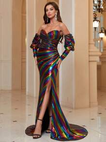 SHEIN Belle Open Shoulder Lantern Sleeve, Split Hem Holographic Evening Party Dress With Fishtail Hem - Multicolor - View 8