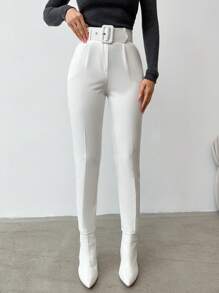 SHEIN Cottnline 女士純色束腰西裝褲 - 白色 - 查看 3