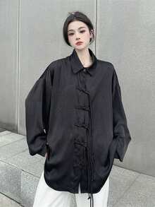 New Chinese Style Stand Collar Long Sleeve Drop Shoulder Shirt With Button Placket - Black - View 3