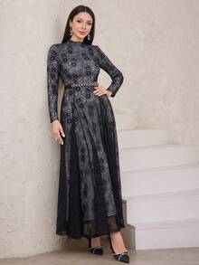 Modelyn Women'S Floral Pattern Stand Collar Arab Style Long Sleeve Dress - Black - View 4