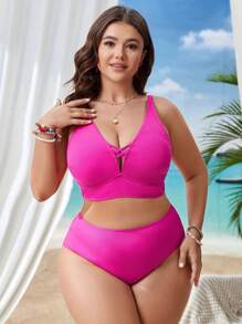 Swim Vcay 大码女式纯色比基尼套装情人节夏日海滩 - 玫紅色 - 查看 3