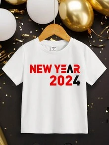 SHEIN Young Boys' Casual 2024 New Year Printed Short Sleeve Round Neck T-Shirt Suitable For Summer - White - View 1