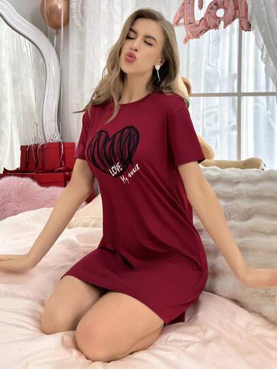 Zwart Heart Wit Letter Print Pajama Night Dress Bridallingerie view 4