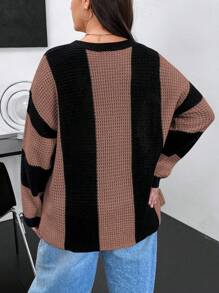 Flirla Plus Size Round Neck Color Block Sweater Knit Pullover Fall Winter - Mocha Brown - View 2