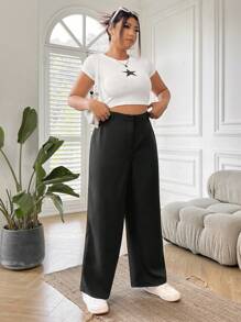 SHEIN EZwear 秋冬女士大码纯色直筒西装裤毕业、返校、教师装 - 黑色 - 查看 3