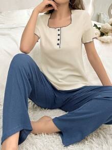 Conjunto De Ropa Cómoda Para Mujer Con Top De Detalle De Contraste Y Pantalones De Color Sólido - Beis - Ver 1