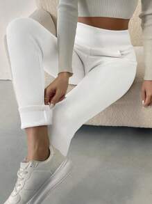 SHEIN LUNE Quần legging giữ nhiệt lót nhiệt màu trơn - trắng - Xem 5