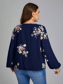 SHEIN LUNE 女士大碼花卉印花v領燈籠袖上衣 - 藏蓝色 - 查看 2