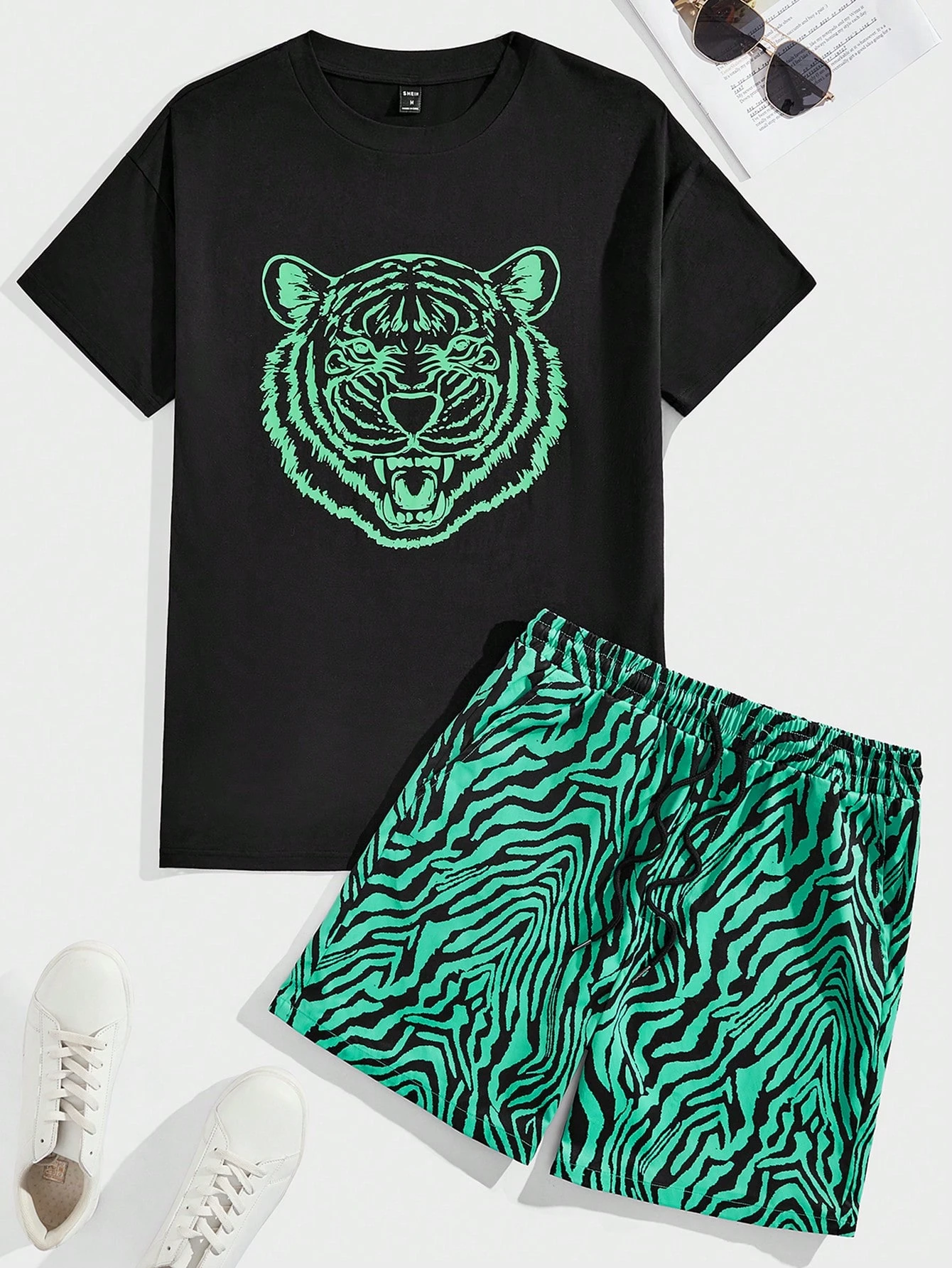 Manfinity Hypemode Men'S Tiger Print Short Sleeve TShirt And Shorts Set for Sale Australia New