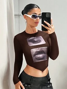 SHEIN ICON 女士眼嘴印花短款上衣 - 咖啡棕 - 查看 4