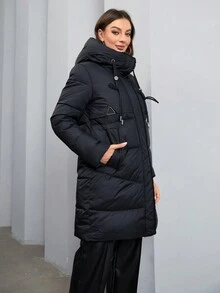 Women's  Hooded Drawstring Jacket, Long Sleeve - Black - View 3