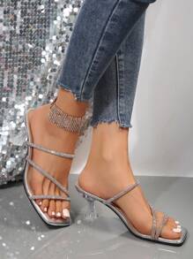 Fairy Rhinestone Embellished High Heel Sandals For Women, Summer French Style Valentines - Silver - View 3