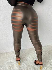 Slaydiva Plus Size Fit Hollow Out Design Skinny Pu Leather Pants - Brown - View 1