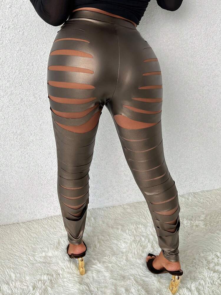Plus Size Fit Hollow Out Design Skinny Pu Leather Pants