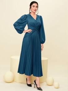 Modelyn Pleated Hem Dress With Knotted Lantern Sleeves - Teal Blue - View 4