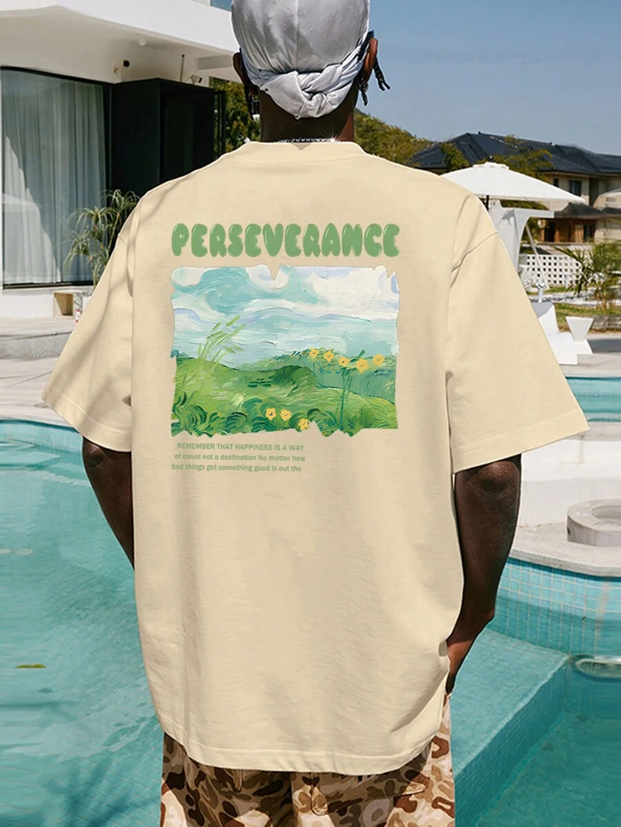 Men Slogan Graphic Drop Shoulder Tee - Apricot - View 1