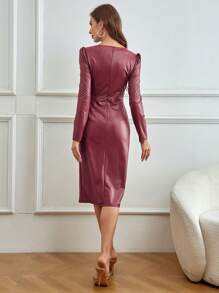 SHEIN Privé 女士純色圓領高開衩緊身連身裙 - 紅色 - 查看 2
