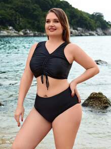 SHEIN Swim Curve Bộ bikini rút dây màu trơn cỡ lớn cho nữ mùa hè - màu đen - Xem 4