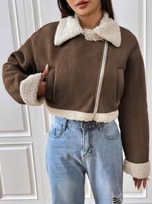 SHEIN EZwear Lót Teddy Dây kéo mặt trước Dệt Áo khoác - màu nâu - Xem 5