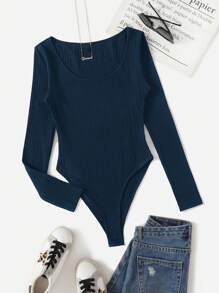 SHEIN EZwear 女款大尺碼純色羅紋長袖連身衣 - 藏蓝色 - 查看 1