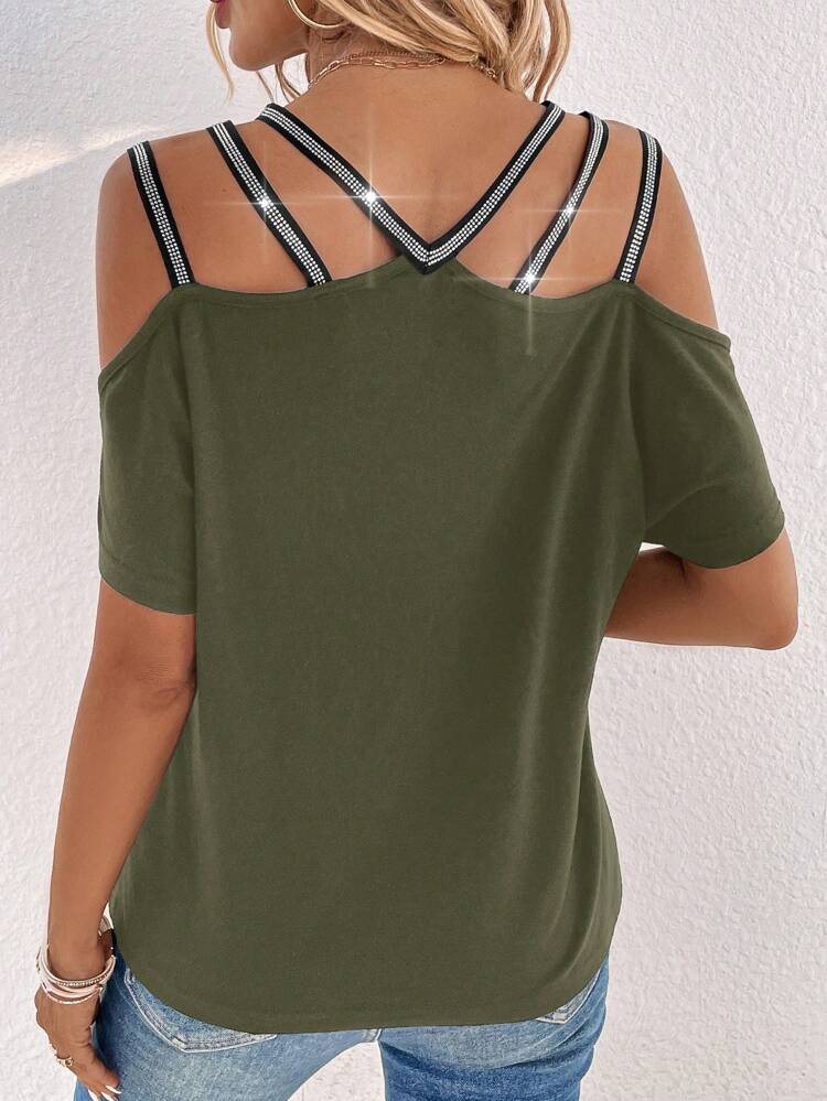 Women's Rhinestone Heart-Shaped Hollow Out Short Sleeve T-Shirt