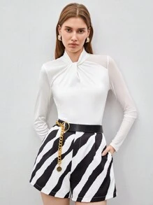 Maija Của phụ nữ Xoắn Nút Đứng cổ áo Tay áo dài Áo thun - trắng - Xem 1