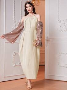 Modelyn Women'S Shiny Long Sleeve Off Shoulder Dress Long Evening Dresses - Apricot - View 4