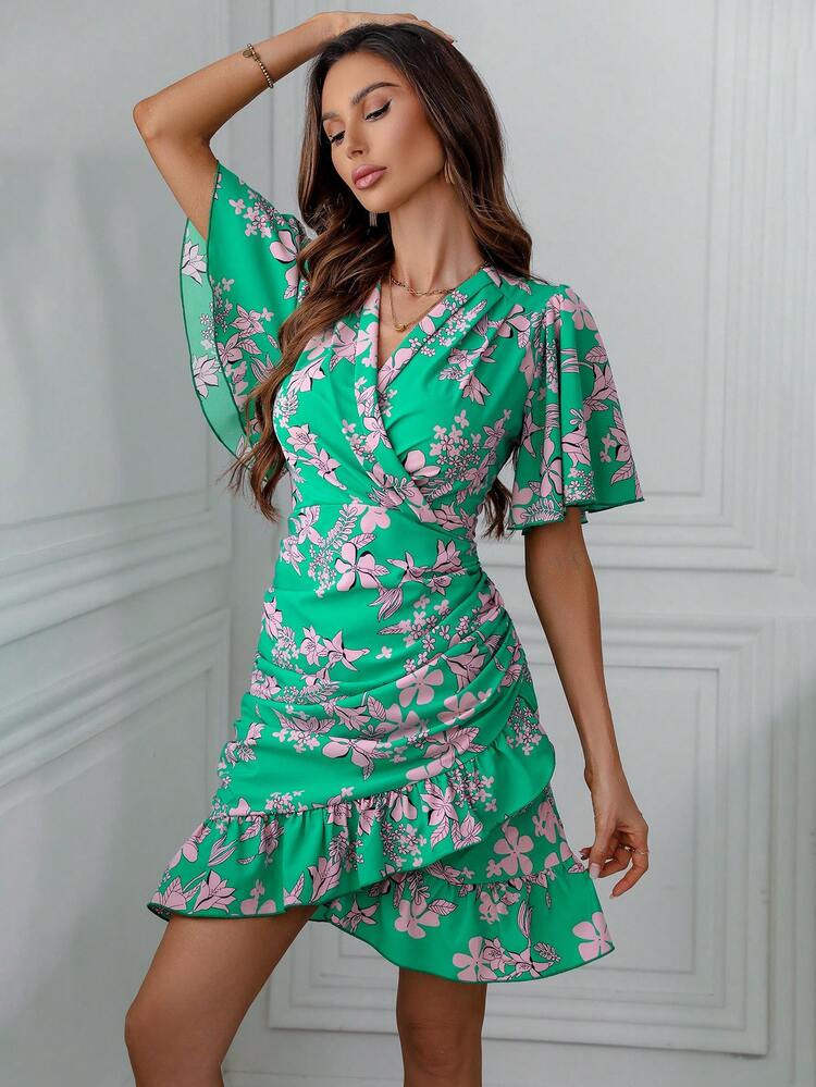 Flower Printed Dress With Ruffle Hem For Women