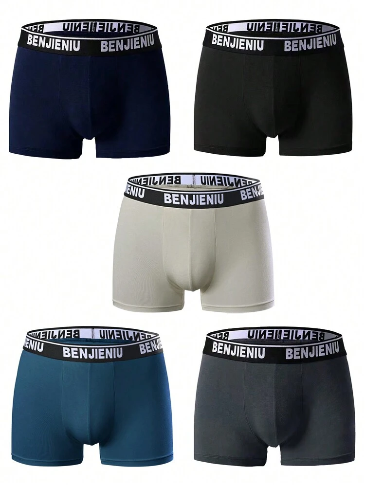 Men'S Breathable Boxer Briefs With Letter Print, All Seasons (5pcs/Set)
