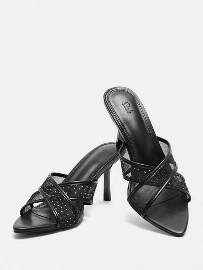 Women'S Low/High Heeled Sandals With Black Mesh Fabric Design