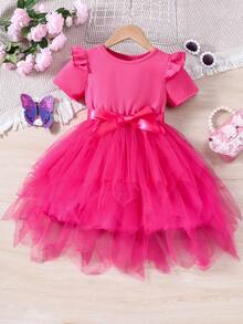 SHEIN 女孩夏季甜美涼爽短袖網裙 - 玫紅色 - 查看 3