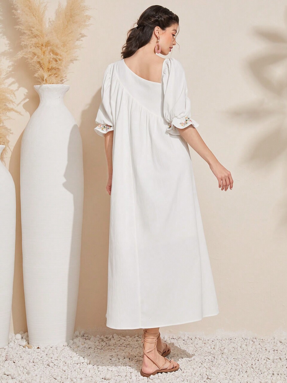 Women'S Floral Pattern Ruffle Sleeve Asymmetrical Neck Dress