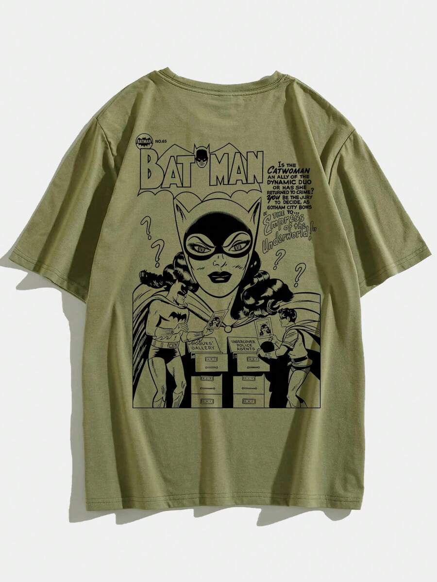 ROMWE MEN Batman X ROMWE Men Portrait & Slogan Design Short Sleeve T-Shirt - Army Green - View 1