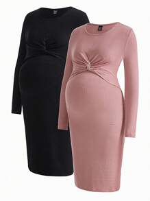 SHEIN Maternity Twist-Front Ribbed Bodycon Dress - Multicolor - View 12