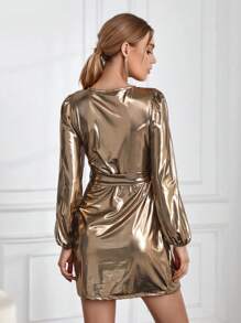SHEIN Privé Surplice cổ Tay áo lồng đèn Thắt lưng Kim loại Đầm - màu nâu - Xem 2