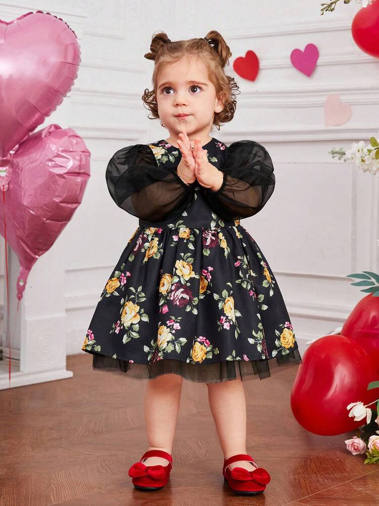 Baby Girl 1pc Floral Print Mehs Lantern Sleeve Dress