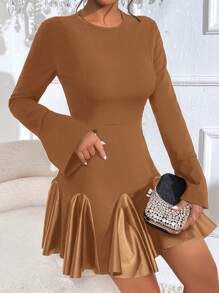 SHEIN LUNE Vestido Con Vuelo Y Dobladillo De Encaje Con Mangas Acampanadas Para Mujer - Caqui - Ver 3